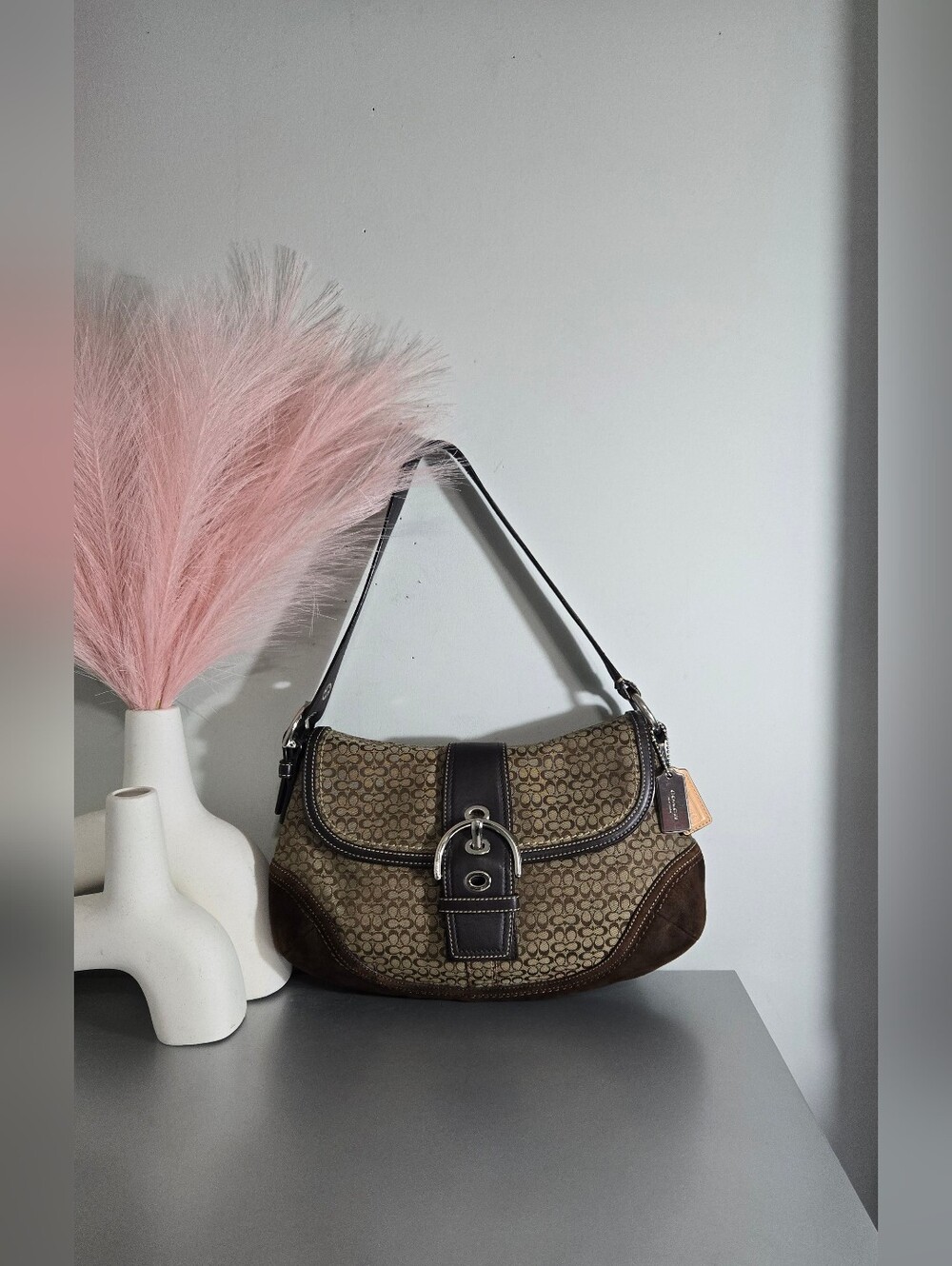 Vintage Coach Soho Signature Flap Shoulder Bag Brown Canvas Suede Buckle F10928